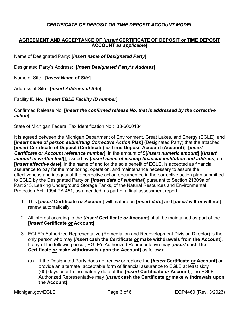 Form EQP4460 Certificate of Deposit or Time Deposit Account Part 213 - Sample - Michigan, Page 3