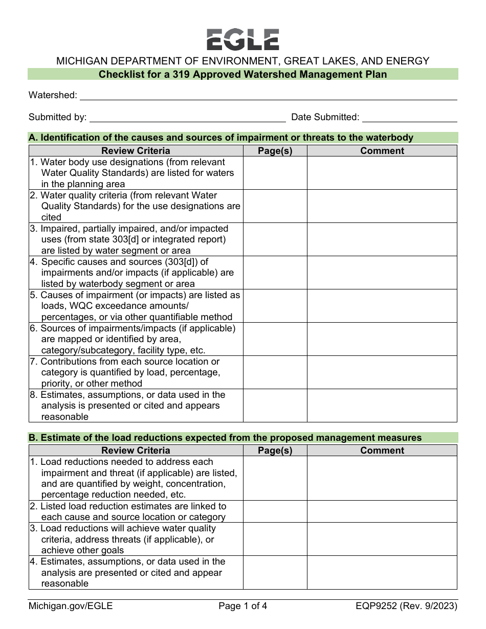 Form EQP9252 Download Fillable PDF or Fill Online Checklist for a 319 ...