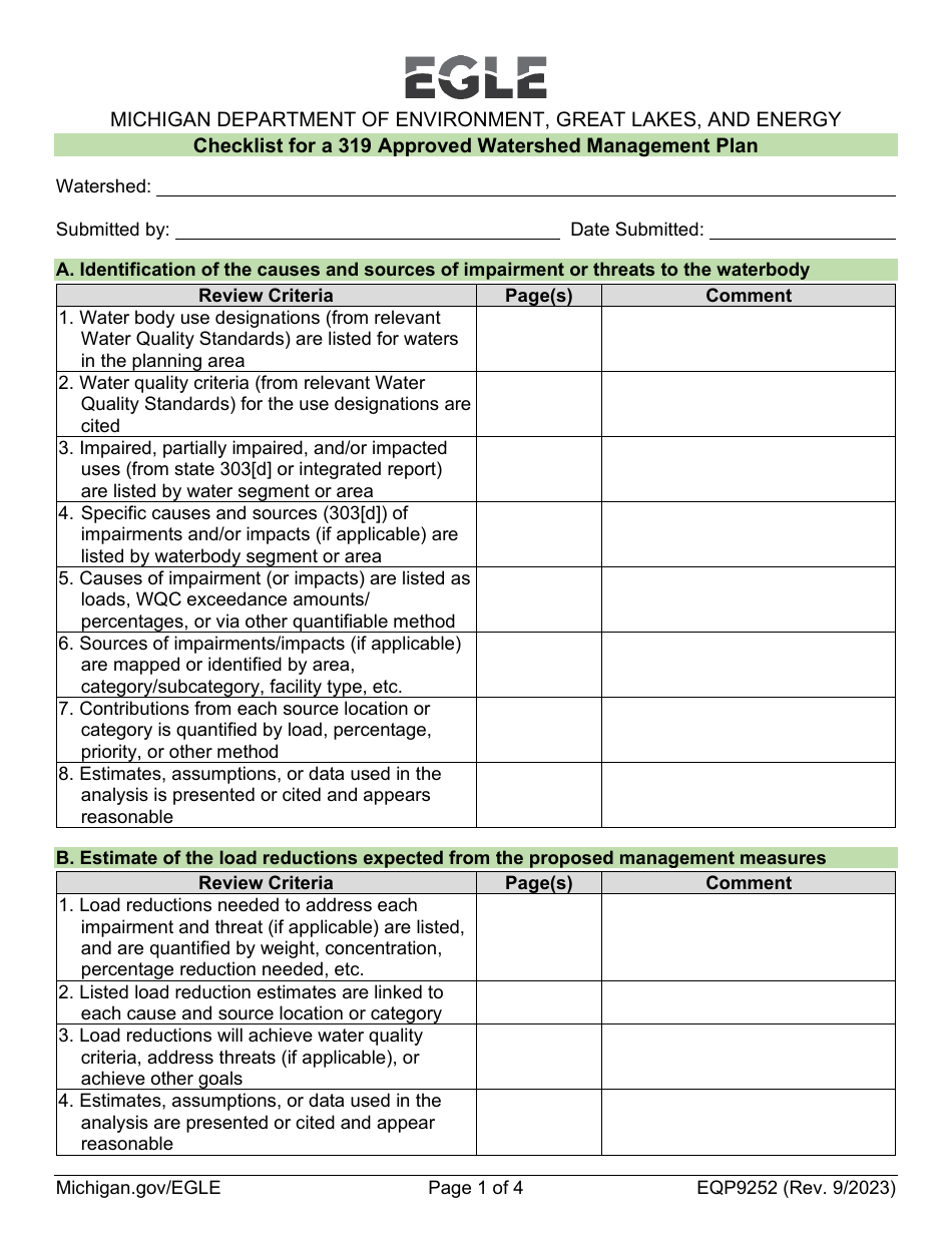 Form EQP9252 Checklist for a 319 Approved Watershed Management Plan - Michigan, Page 1