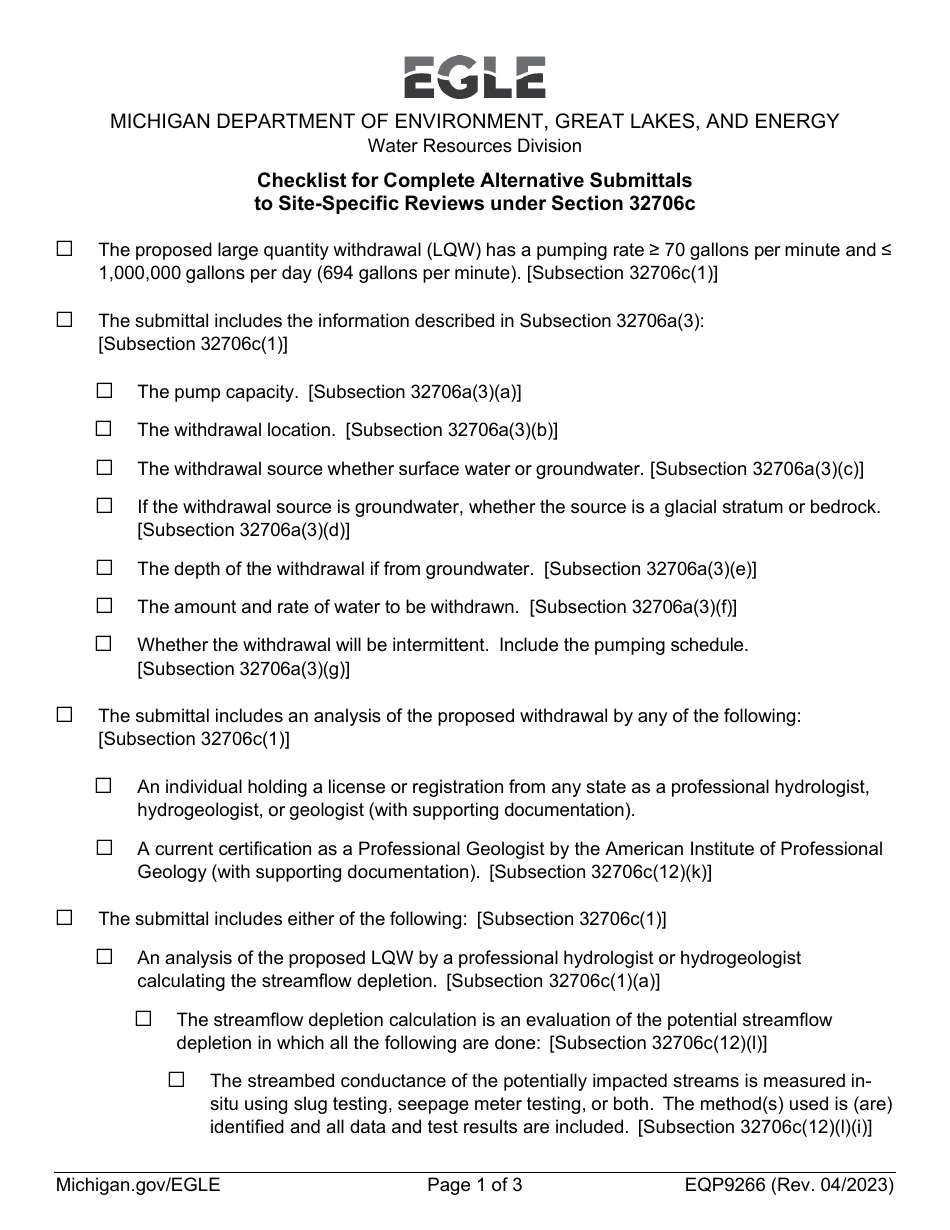Form EQP9266 Checklist for Complete Alternative Submittals to Site-Specific Reviews Under Section 32706c - Michigan, Page 1
