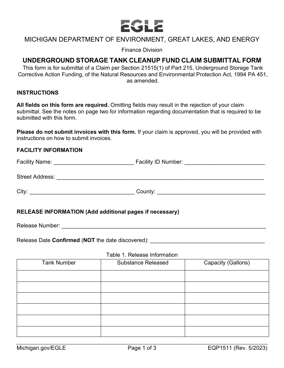 Form EQP1511 Underground Storage Tank Cleanup Fund Claim Submittal Form - Michigan, Page 1