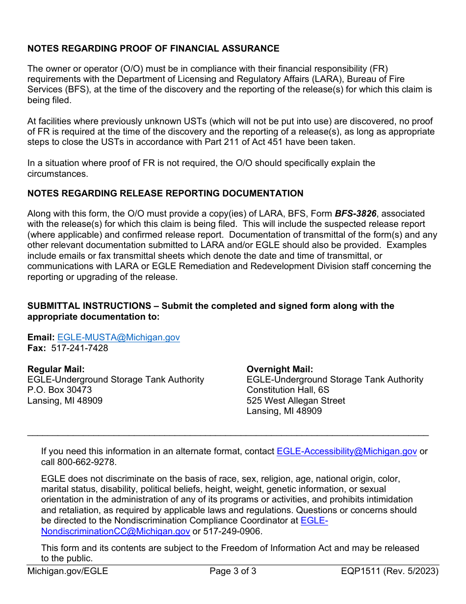 Form EQP1511 Underground Storage Tank Cleanup Fund Claim Submittal Form - Michigan, Page 3