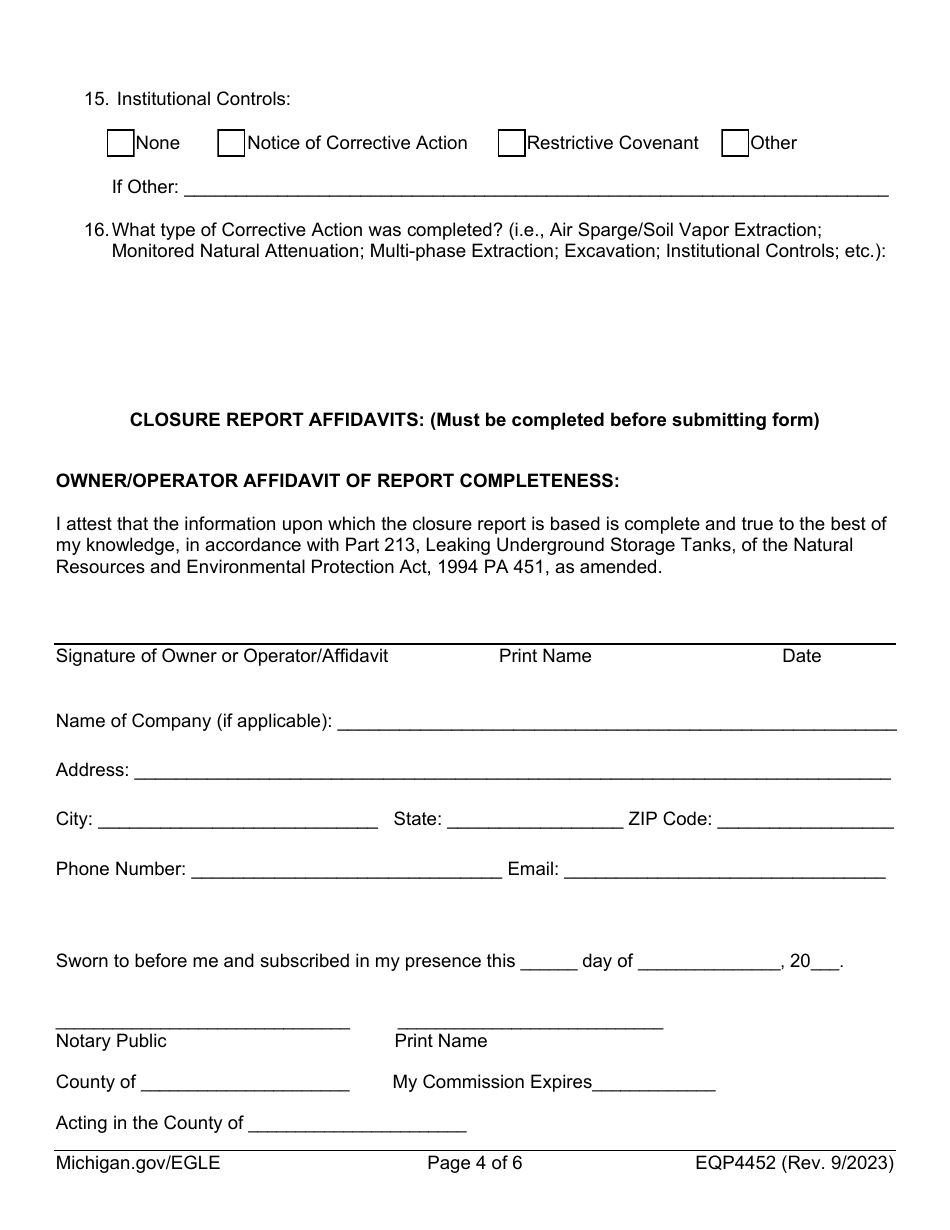 Form EQP4452 Leaking Underground Storage Tank Closure Report Cover Sheet - Michigan, Page 4