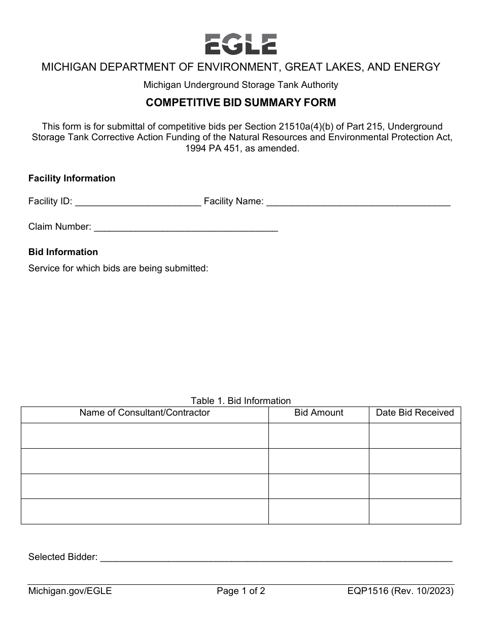 Form EQP1516 Competitive Bid Summary Form - Michigan, Page 1