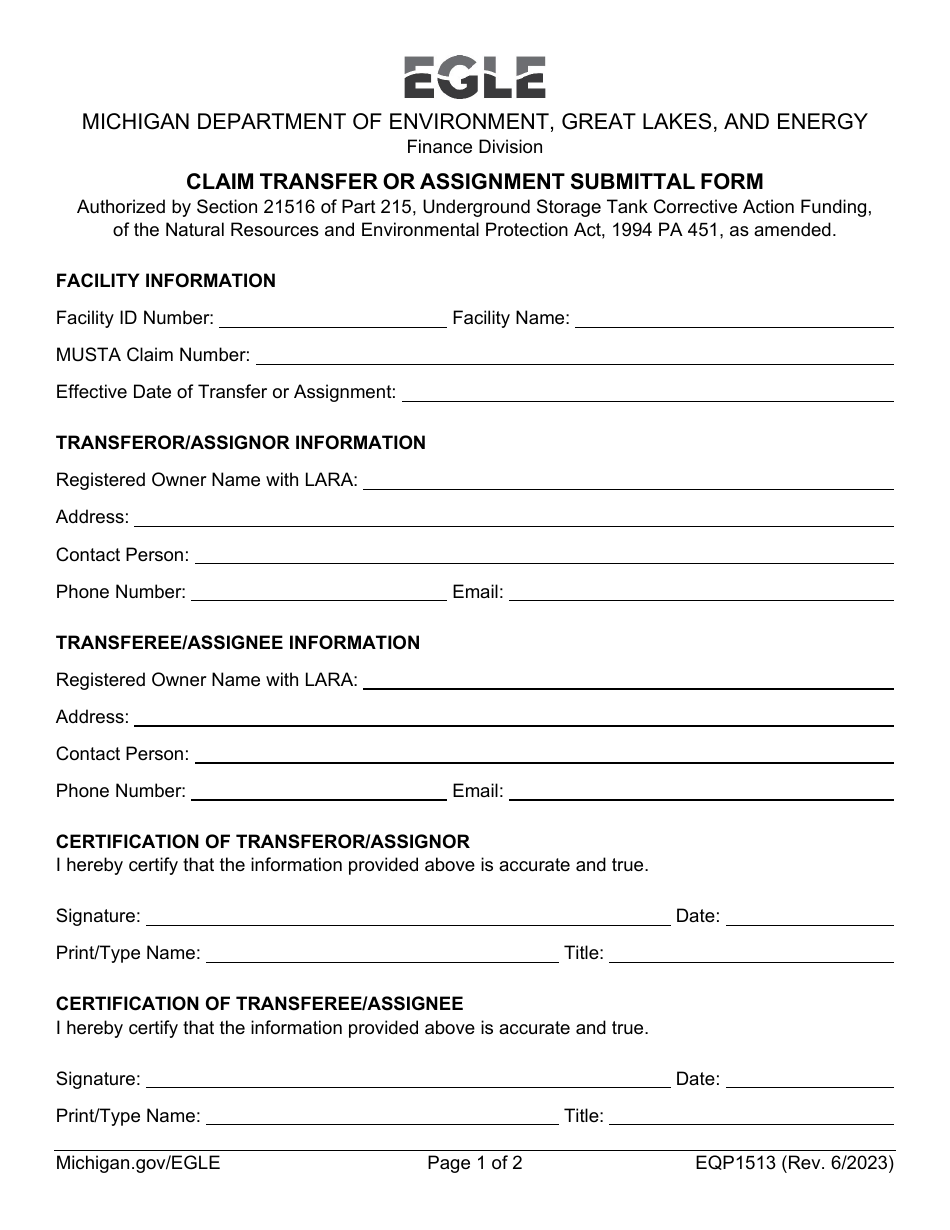 Form EQP1513 Claim Transfer or Assignment Submittal Form - Michigan, Page 1