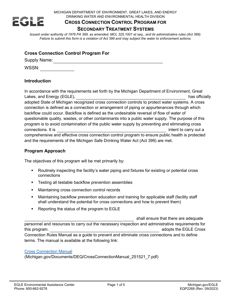 Form EQP2268 Cross Connection Control Program for Secondary Treatment Systems - Michigan, Page 1