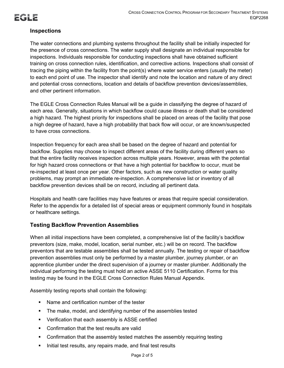 Form EQP2268 Cross Connection Control Program for Secondary Treatment Systems - Michigan, Page 2