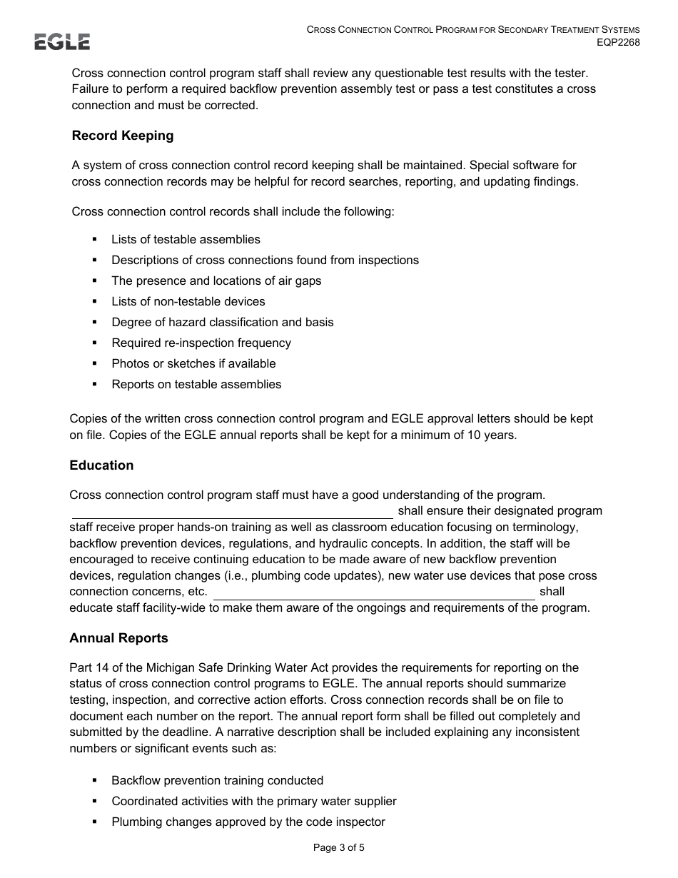 Form EQP2268 Cross Connection Control Program for Secondary Treatment Systems - Michigan, Page 3