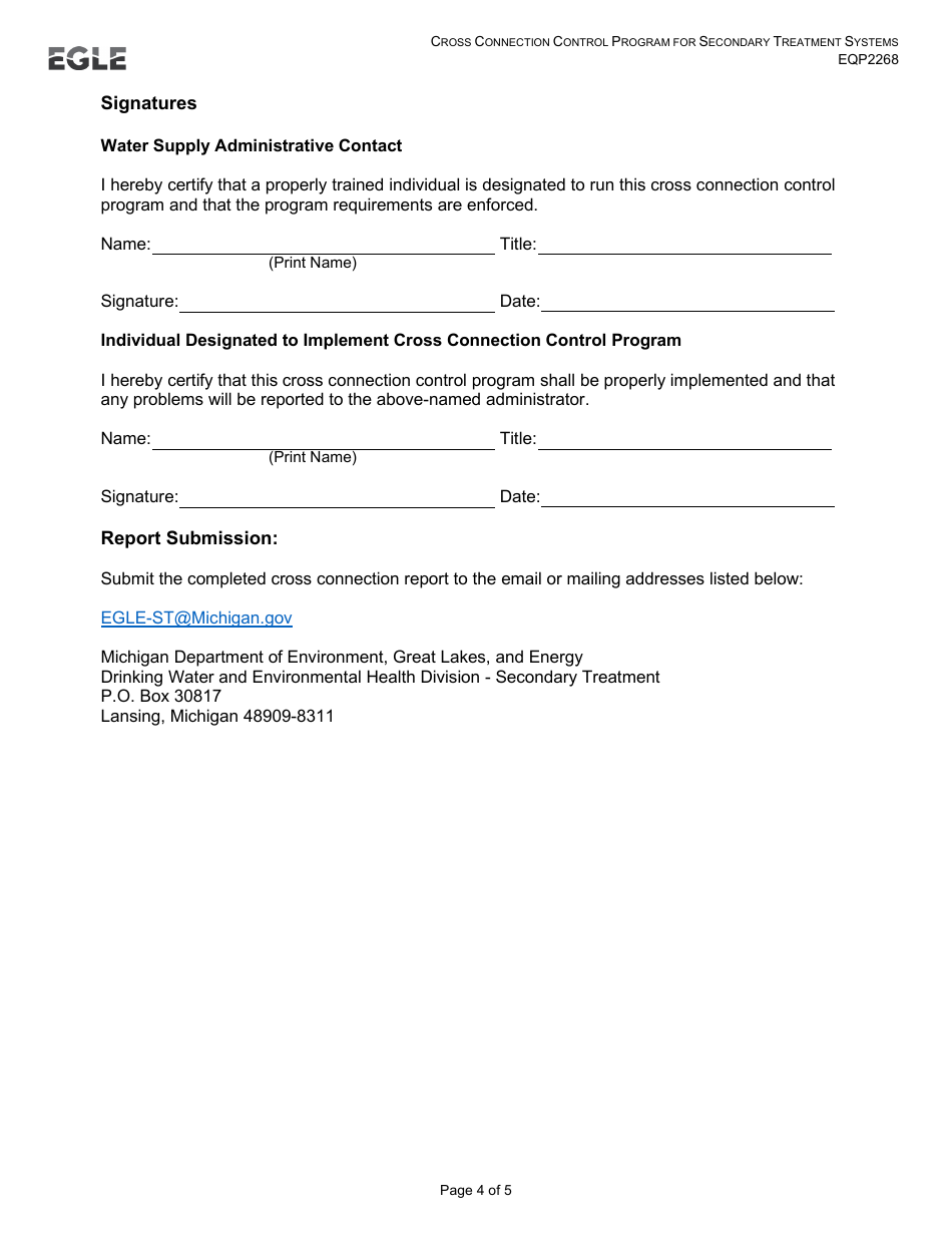 Form EQP2268 Cross Connection Control Program for Secondary Treatment Systems - Michigan, Page 4