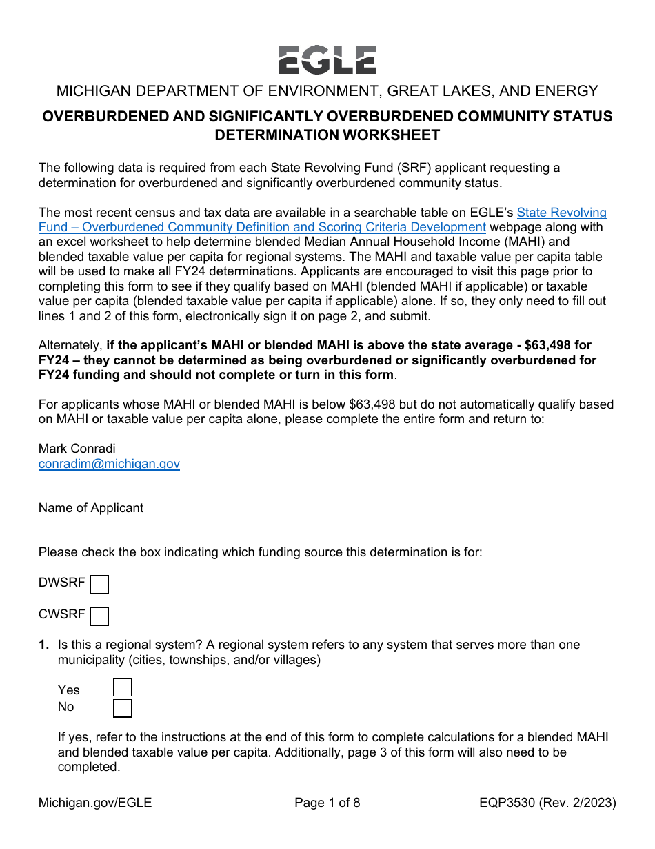 Form EQP3530 Overburdened and Significantly Overburdened Community Status Determination Worksheet - Michigan, Page 1