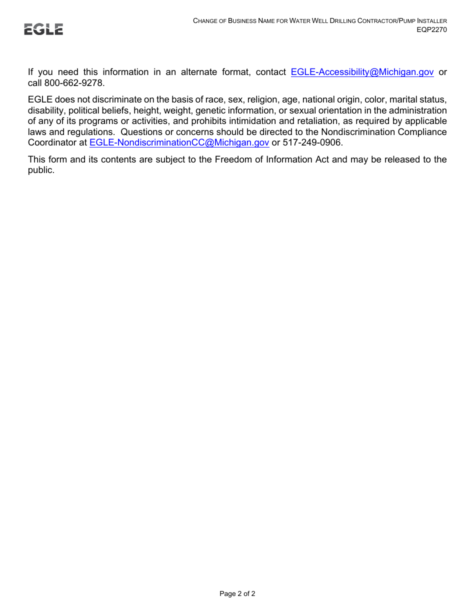 Form EQP2270 Change of Business Name for Water Well Drilling Contractor / Pump Installer - Michigan, Page 2