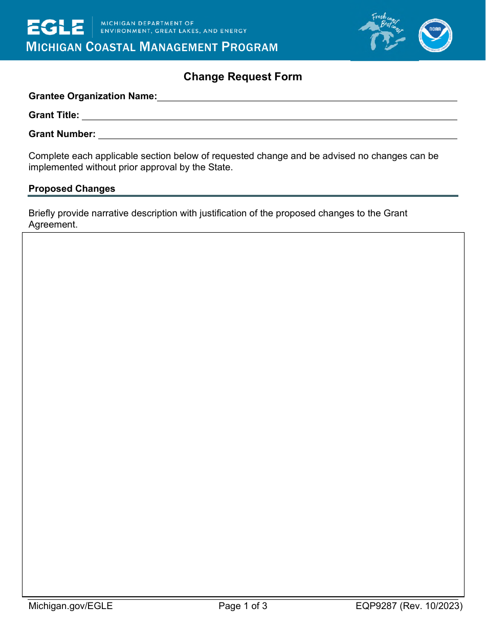 Form EQP9287 Change Request Form - Michigan Coastal Management Program - Michigan, Page 1