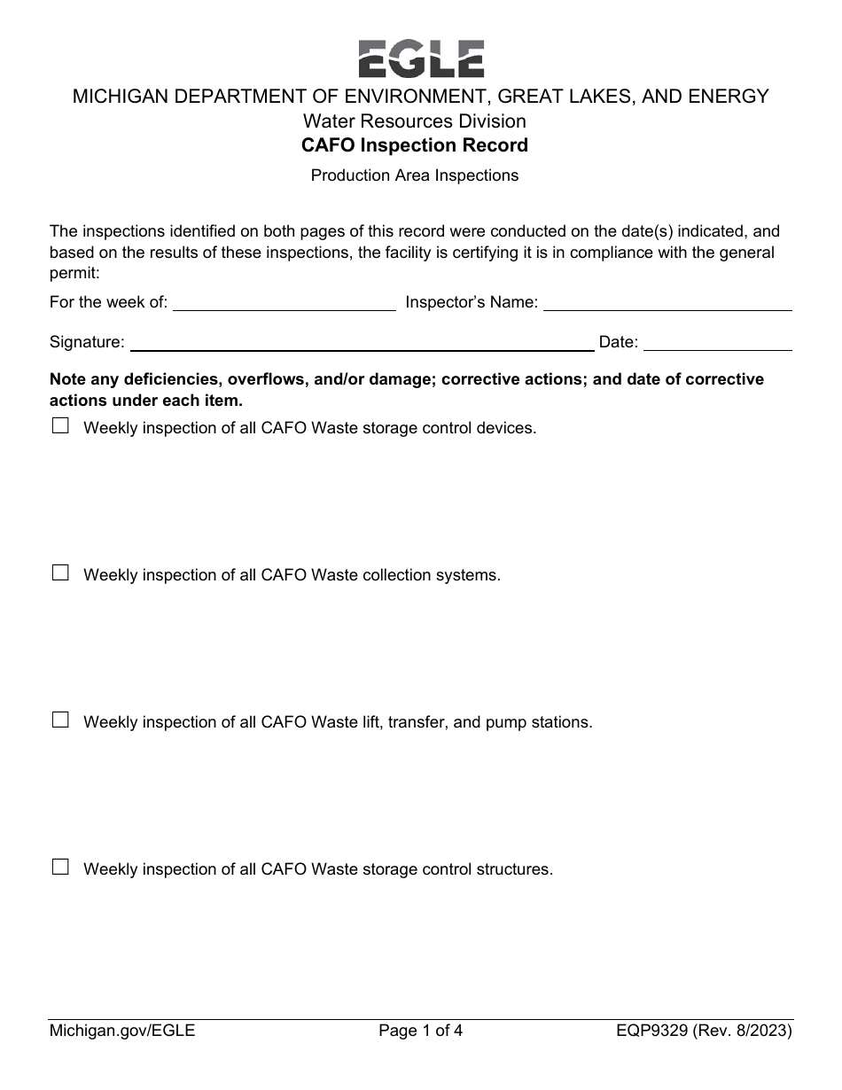 Form EQP9329 Cafo Inspection Record - Michigan, Page 1