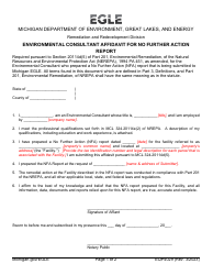 Document preview: Form EQP4029 Environmental Consultant Affidavit for No Further Action Report - Michigan