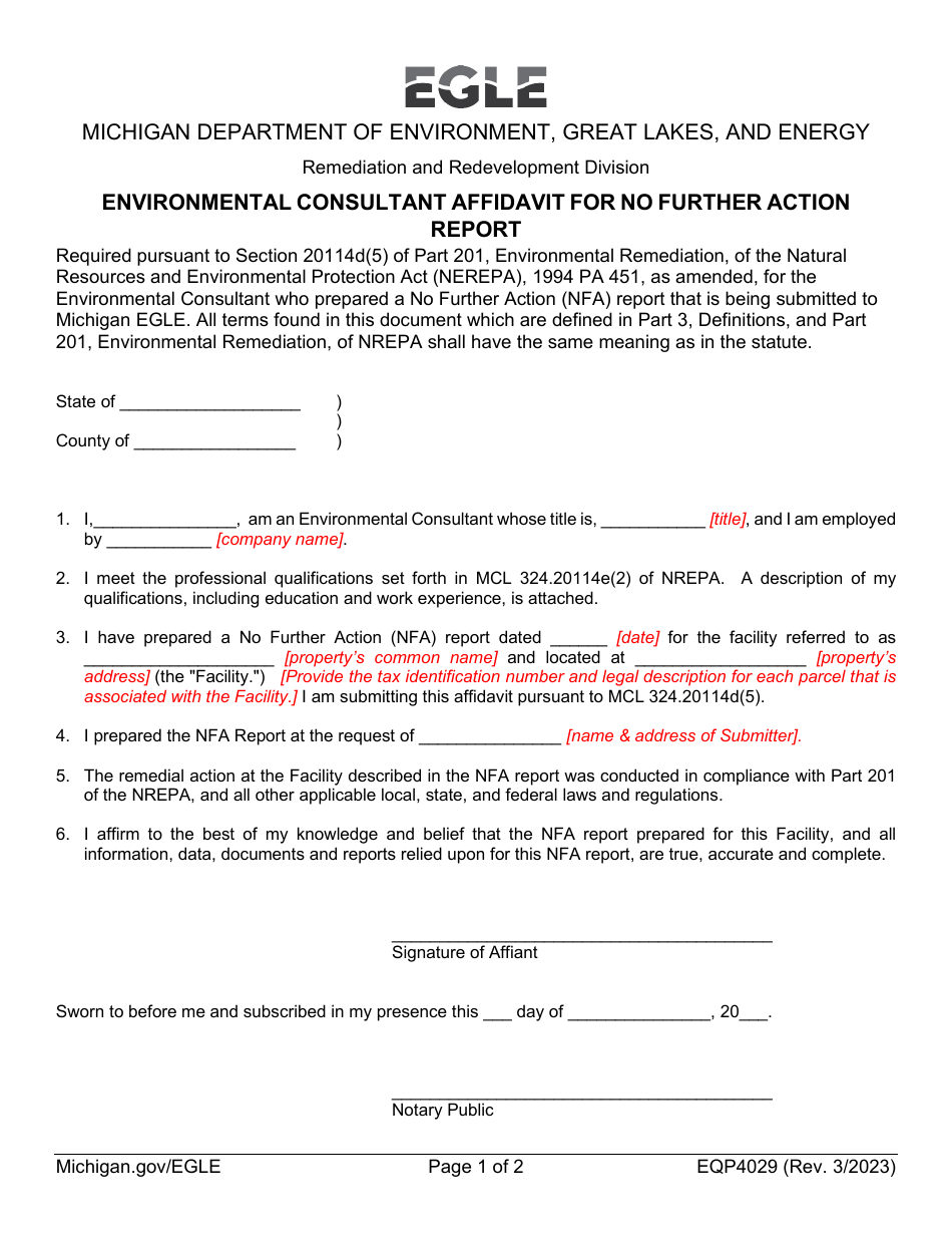 Form EQP4029 Environmental Consultant Affidavit for No Further Action Report - Michigan, Page 1