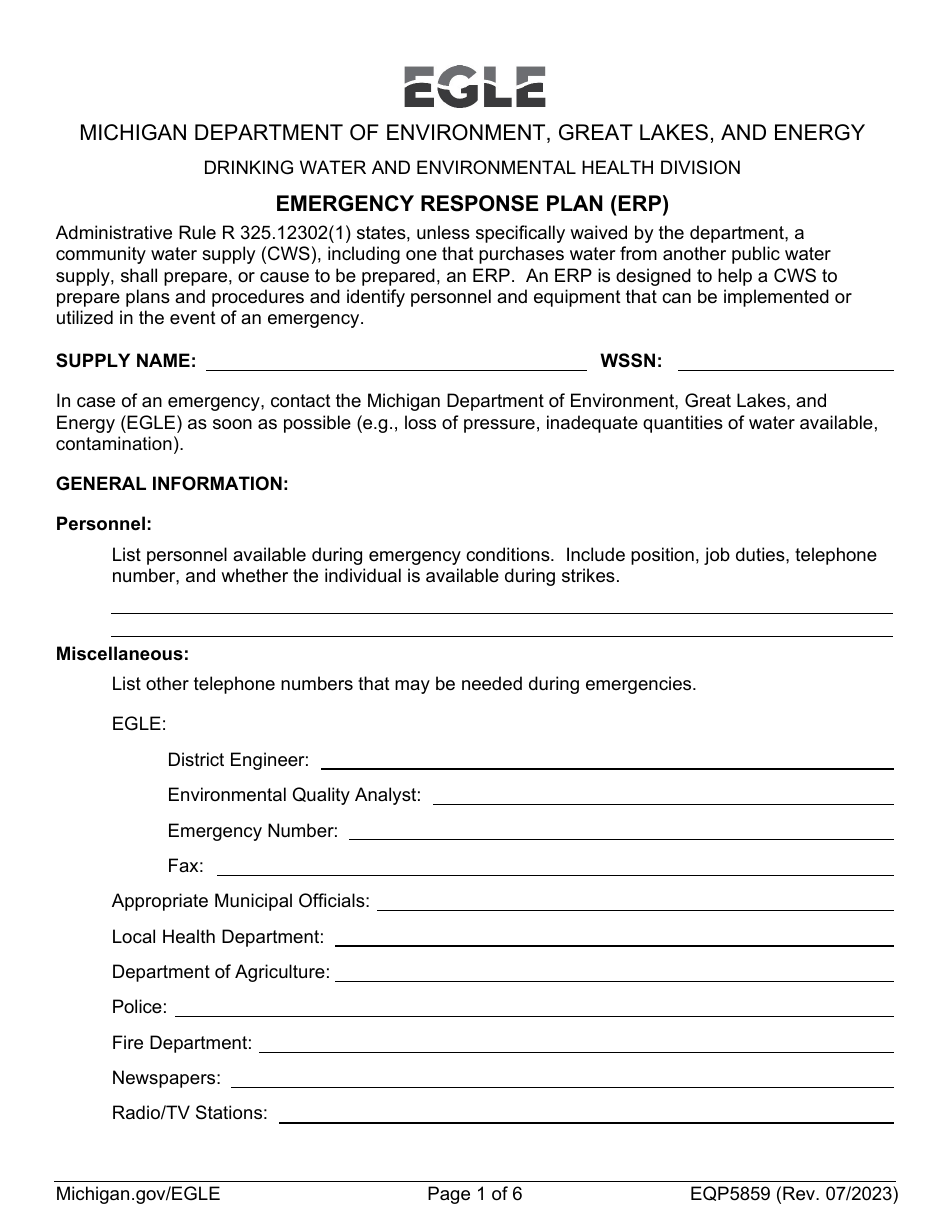 Form EQP5859 Emergency Response Plan (Erp) - Michigan, Page 1