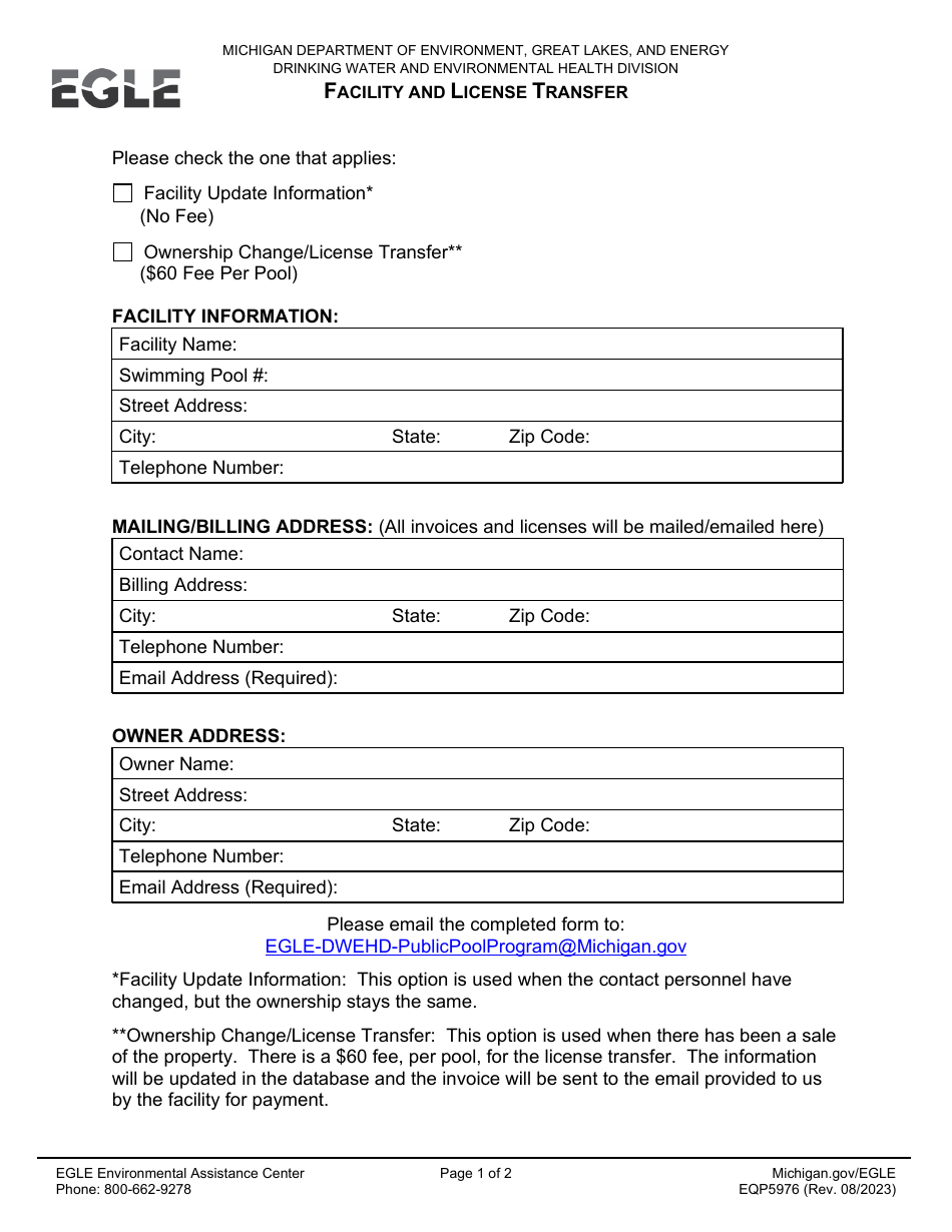 Form EQP5976 Facility and License Transfer - Michigan, Page 1