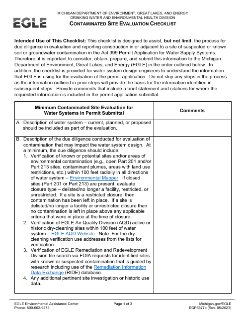 Form EQP5877C Contaminated Site Evaluation Checklist - Michigan