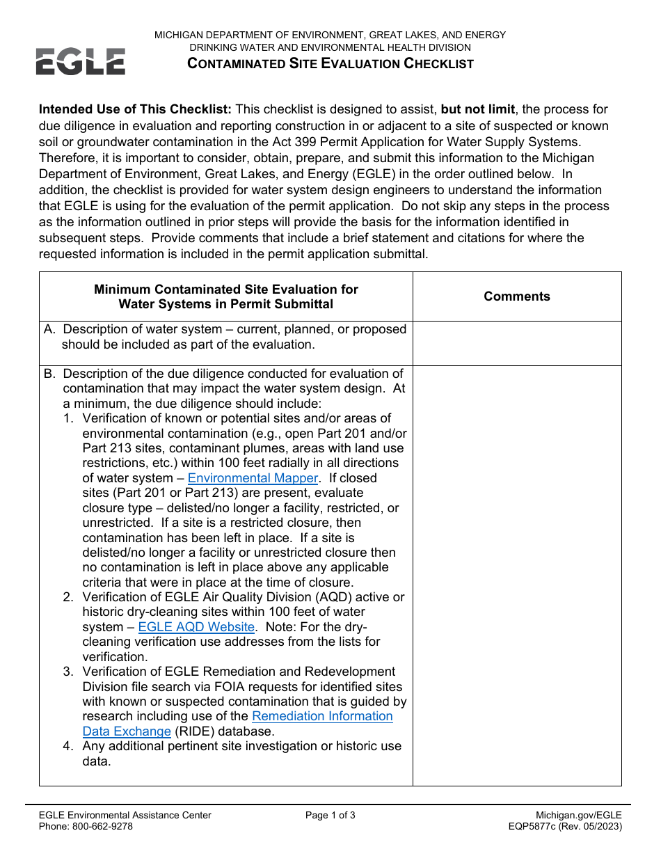 Form EQP5877C Contaminated Site Evaluation Checklist - Michigan, Page 1