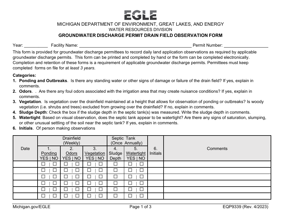 Form EQP9339 Groundwater Discharge Permit Drain Field Observation Form - Michigan, Page 1