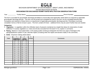 Document preview: Form EQP9338 Groundwater Discharge Permit Rapid Infiltration Observation Form - Michigan