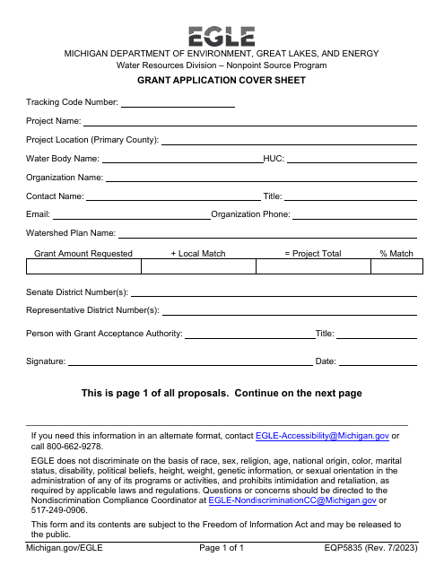 Form EQP5835 Grant Application Cover Sheet - Michigan