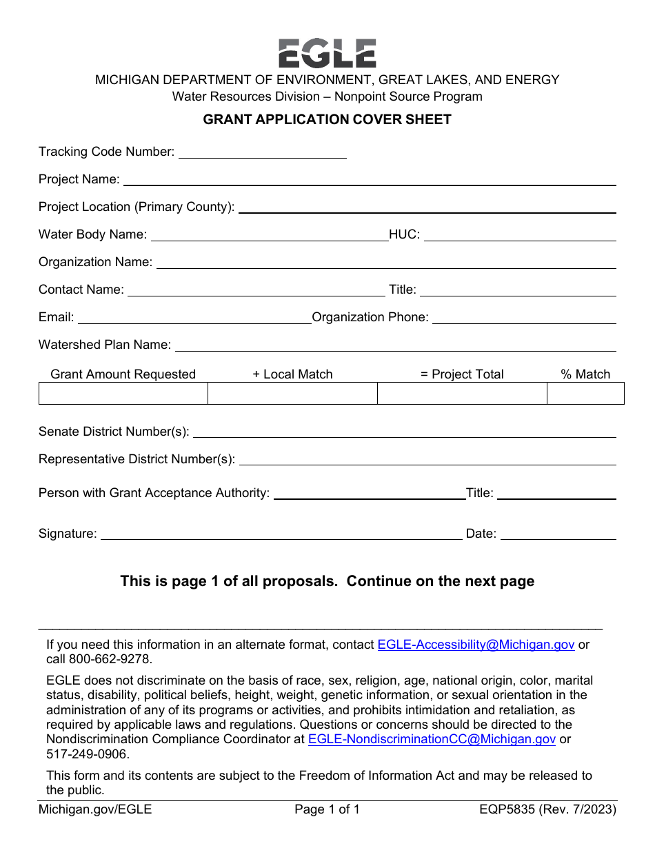 Form EQP5835 Grant Application Cover Sheet - Michigan, Page 1
