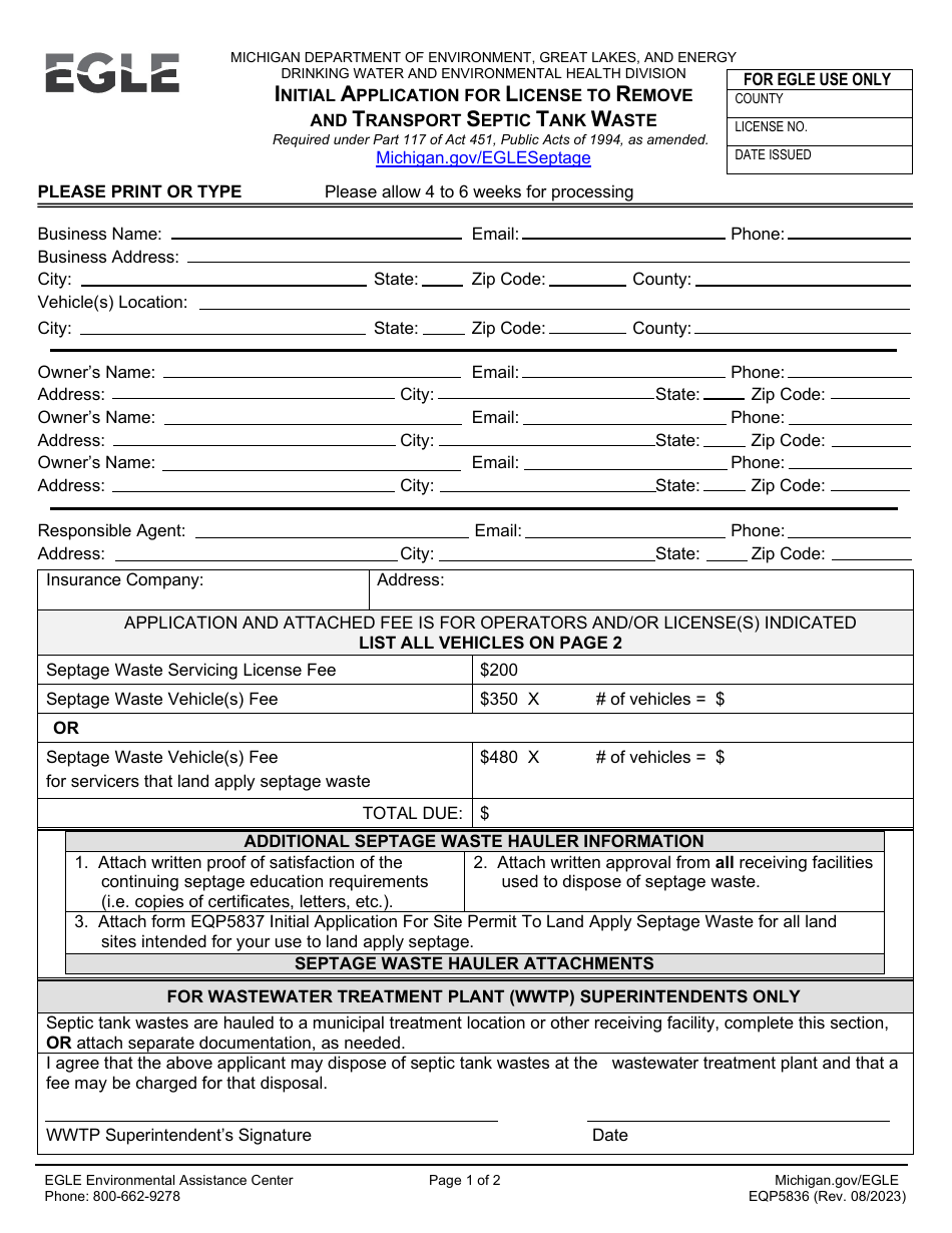 Form EQP5836 Initial Application for License to Remove and Transport Septic Tank Waste - Michigan, Page 1