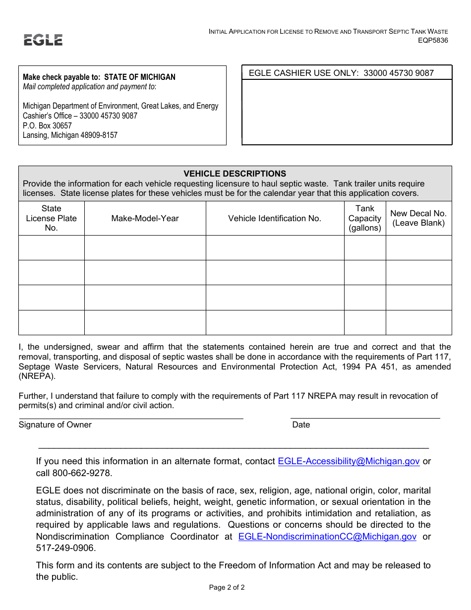 Form EQP5836 Initial Application for License to Remove and Transport Septic Tank Waste - Michigan, Page 2