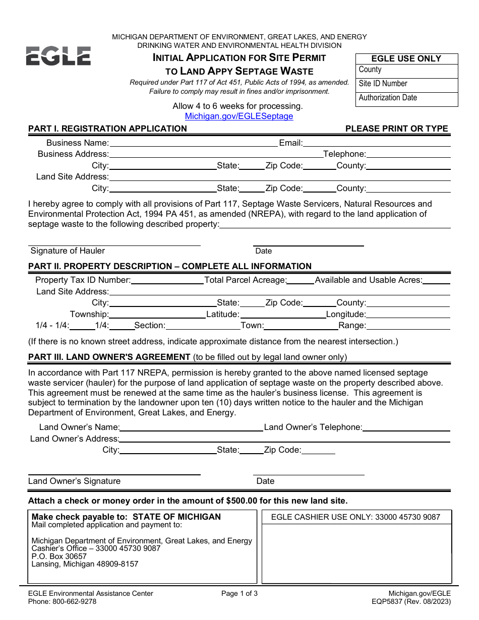 Form EQP5837 Download Fillable PDF or Fill Online Nitial Application for Site Permit to Land