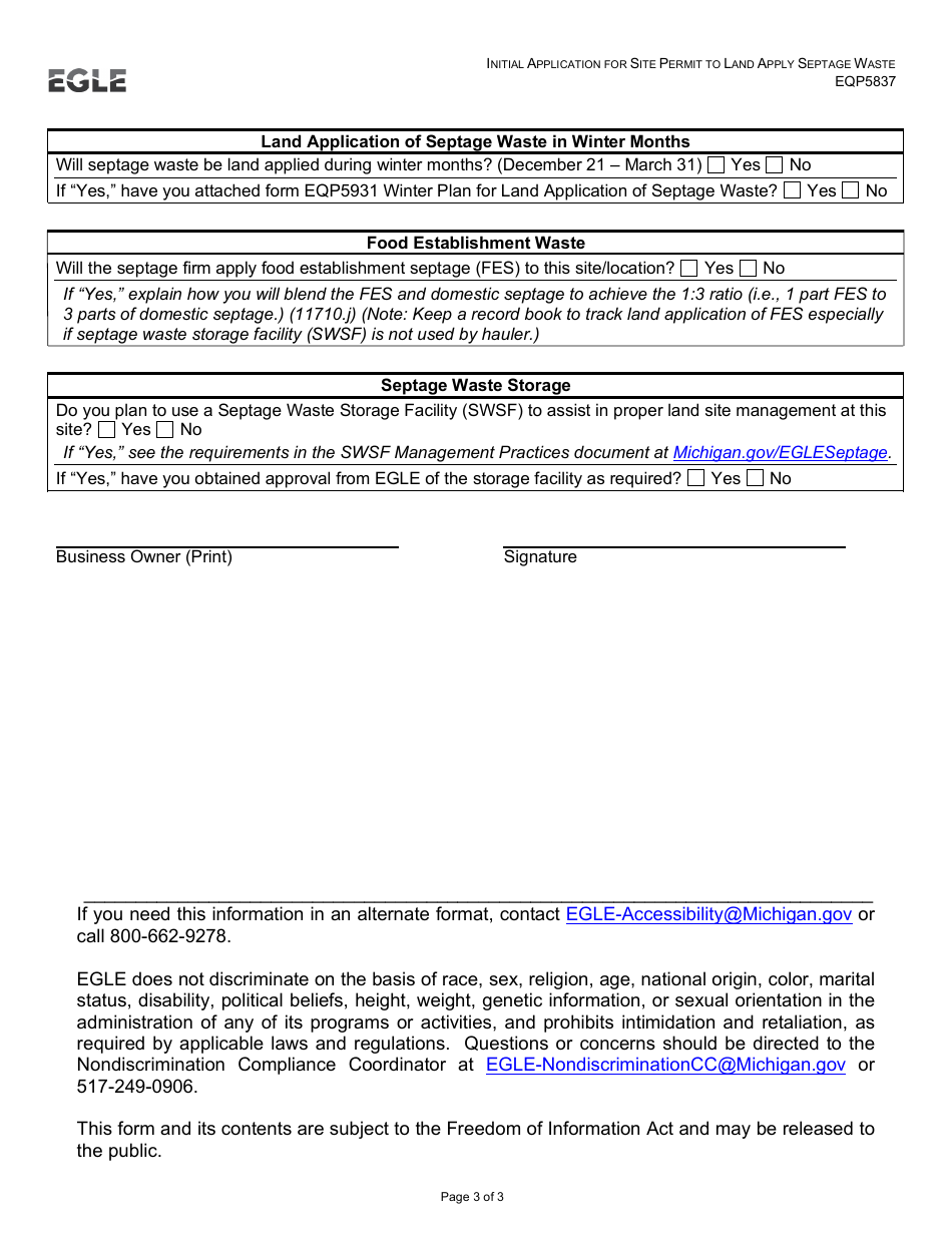Form EQP5837 Nitial Application for Site Permit to Land Appy Septage Waste - Michigan, Page 3