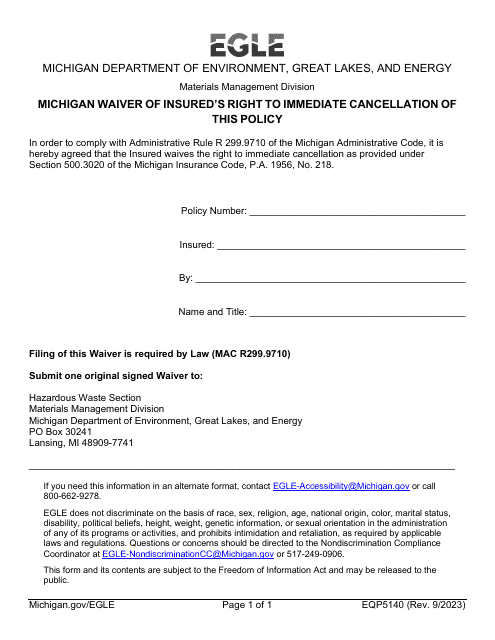 Form EQP5140 Michigan Waiver of Insured's Right to Immediate Cancellation of This Policy - Michigan