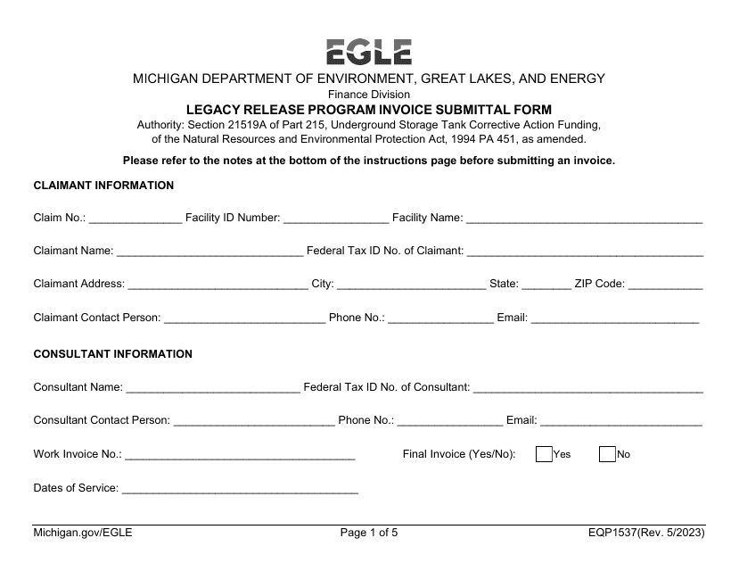 Form EQP1537 Legacy Release Program Invoice Submittal Form - Michigan