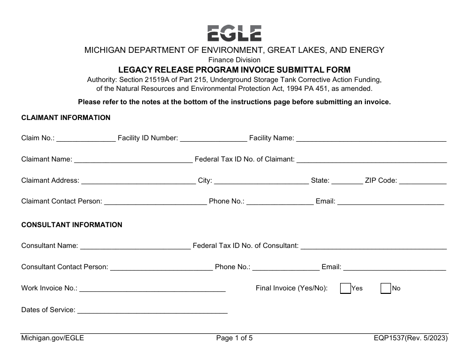 Form EQP1537 Legacy Release Program Invoice Submittal Form - Michigan, Page 1