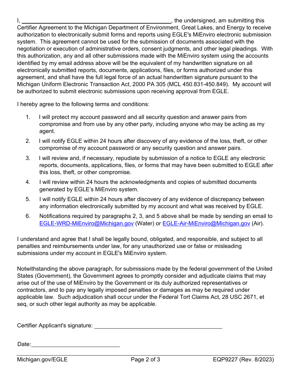 Form EQP9227 Mienviro Certifier Agreement - Michigan, Page 2