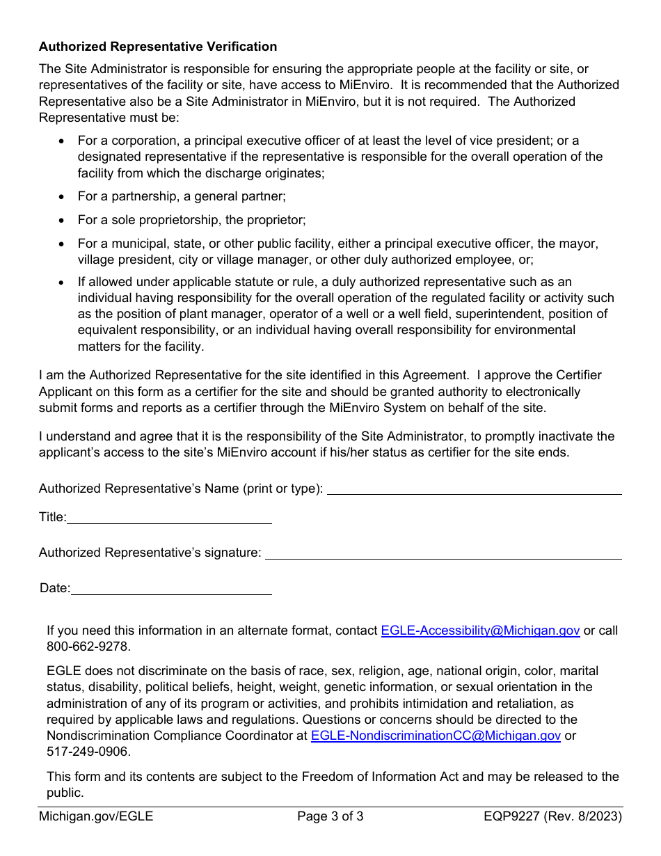 Form EQP9227 Mienviro Certifier Agreement - Michigan, Page 3