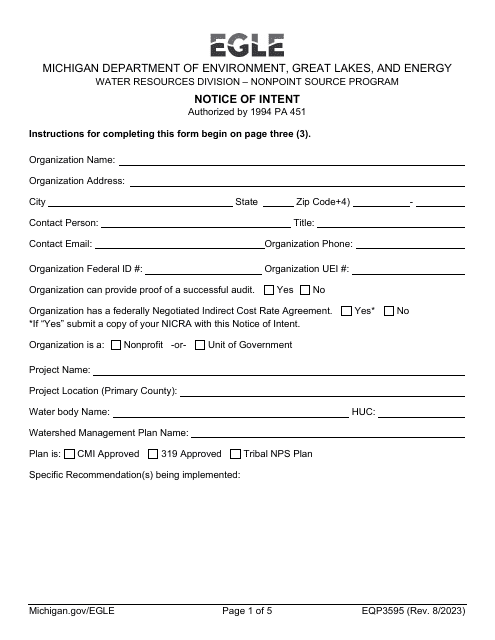 Form EQP3595 Notice of Intent - Michigan