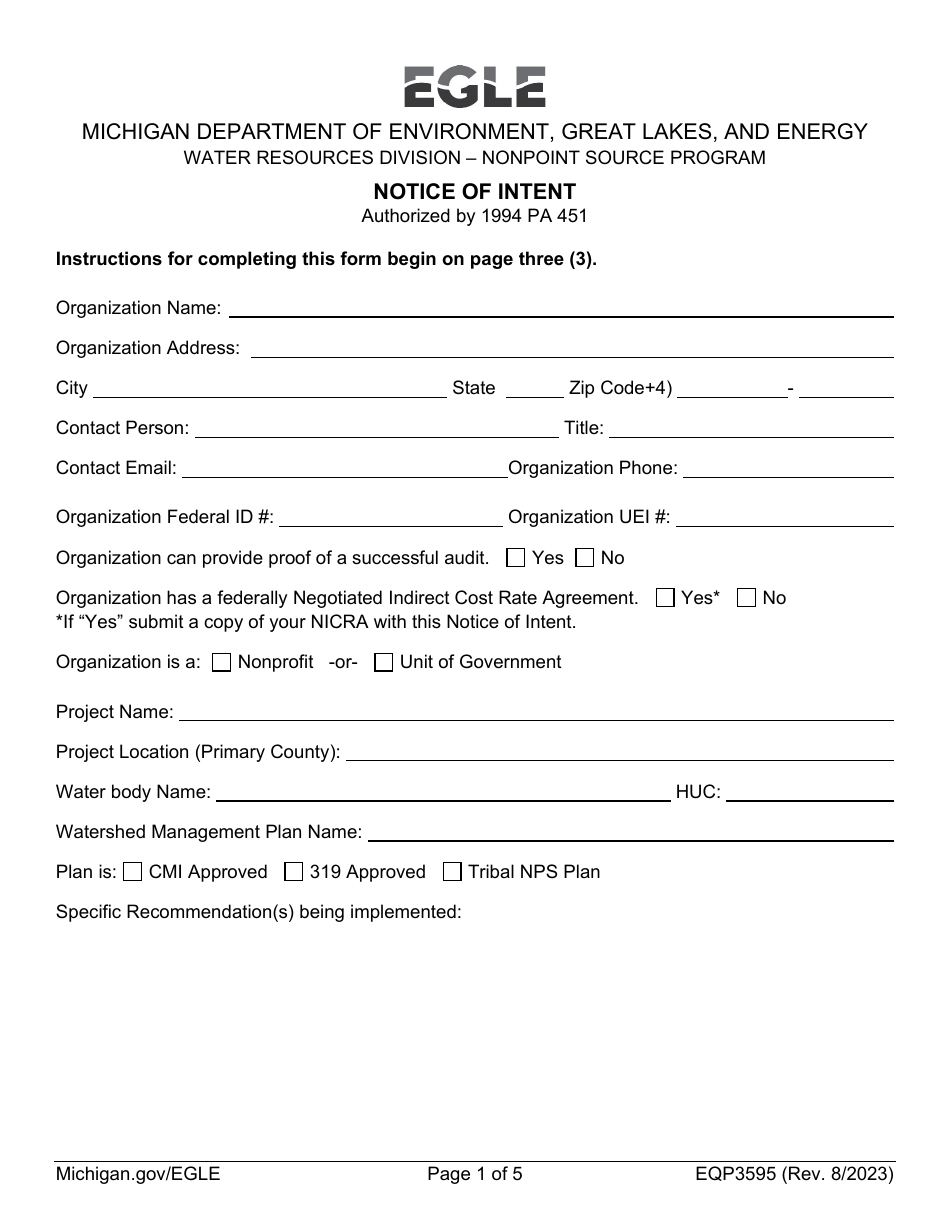 Form EQP3595 Notice of Intent - Michigan, Page 1