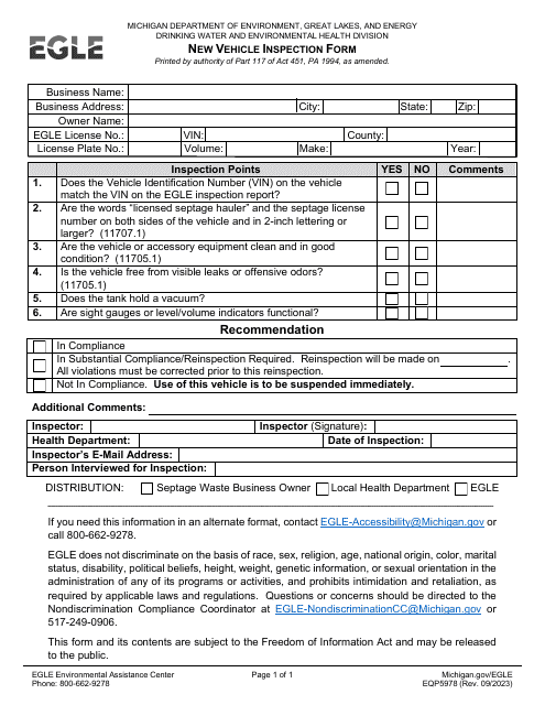 Form EQP5978 New Vehicle Inspection Form - Michigan