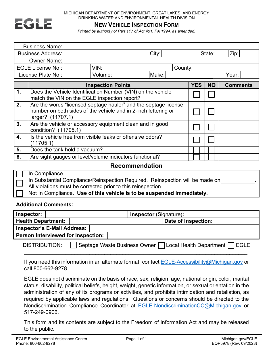 Form EQP5978 New Vehicle Inspection Form - Michigan, Page 1