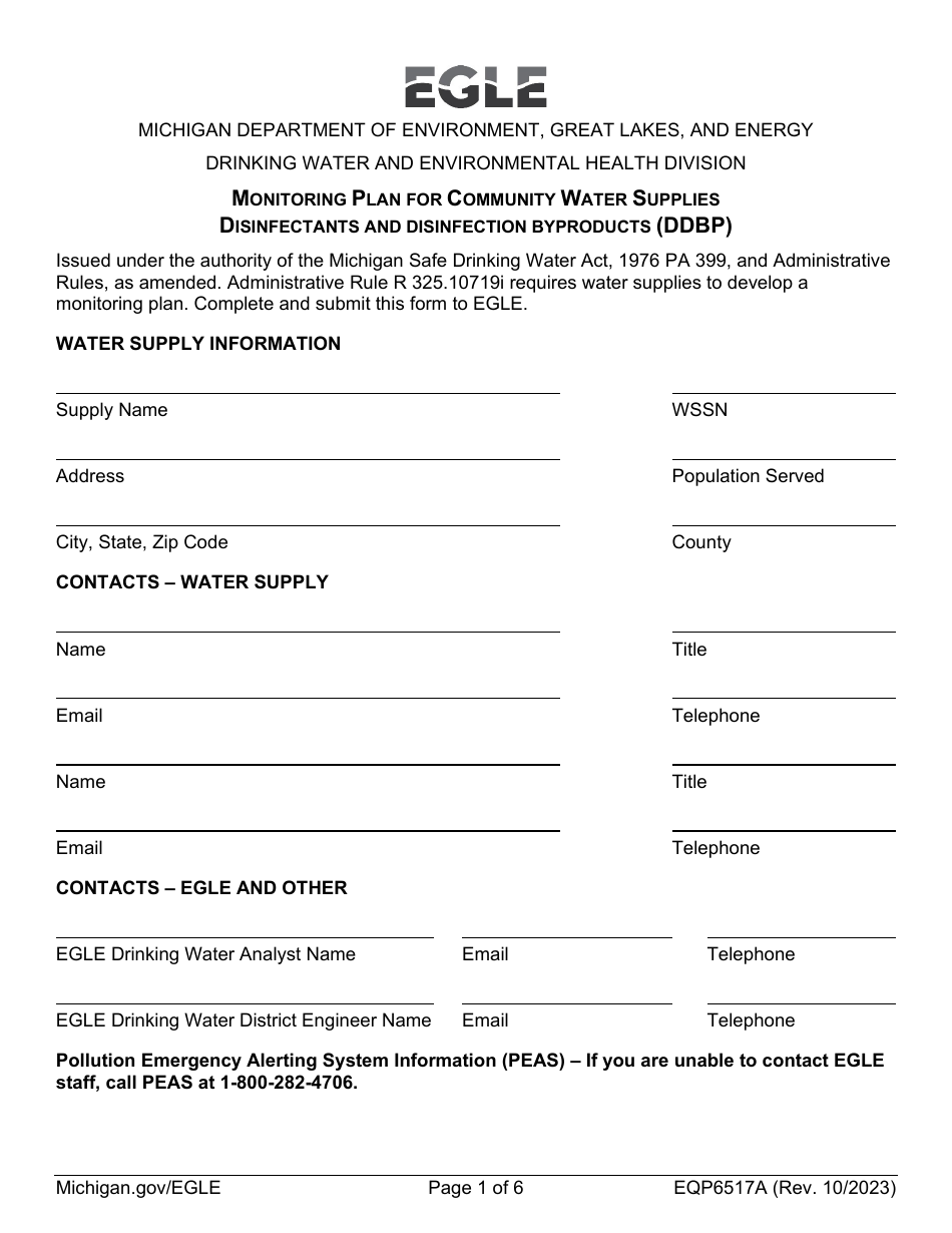 Form EQP6517A Monitoring Plan for Community Water Supplies Disinfectants and Disinfection Byproducts (Ddbp) - Michigan, Page 1