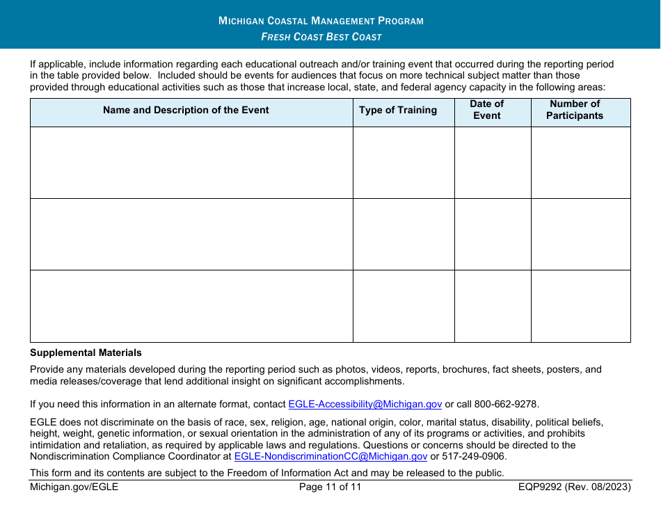 Form EQP9292 Quarterly Progress Report - Michigan Coastal Management Program - Michigan, Page 11