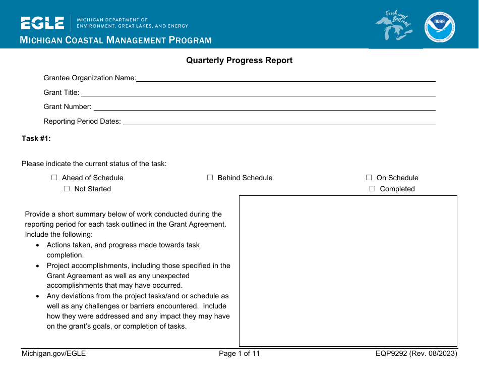 Form EQP9292 Quarterly Progress Report - Michigan Coastal Management Program - Michigan, Page 1