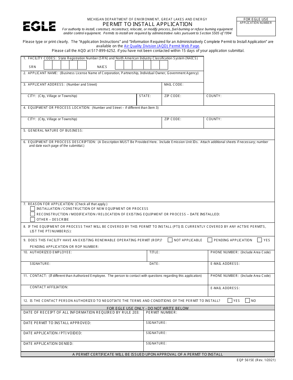 Form EQP5615E Permit to Install Application - Michigan, Page 1
