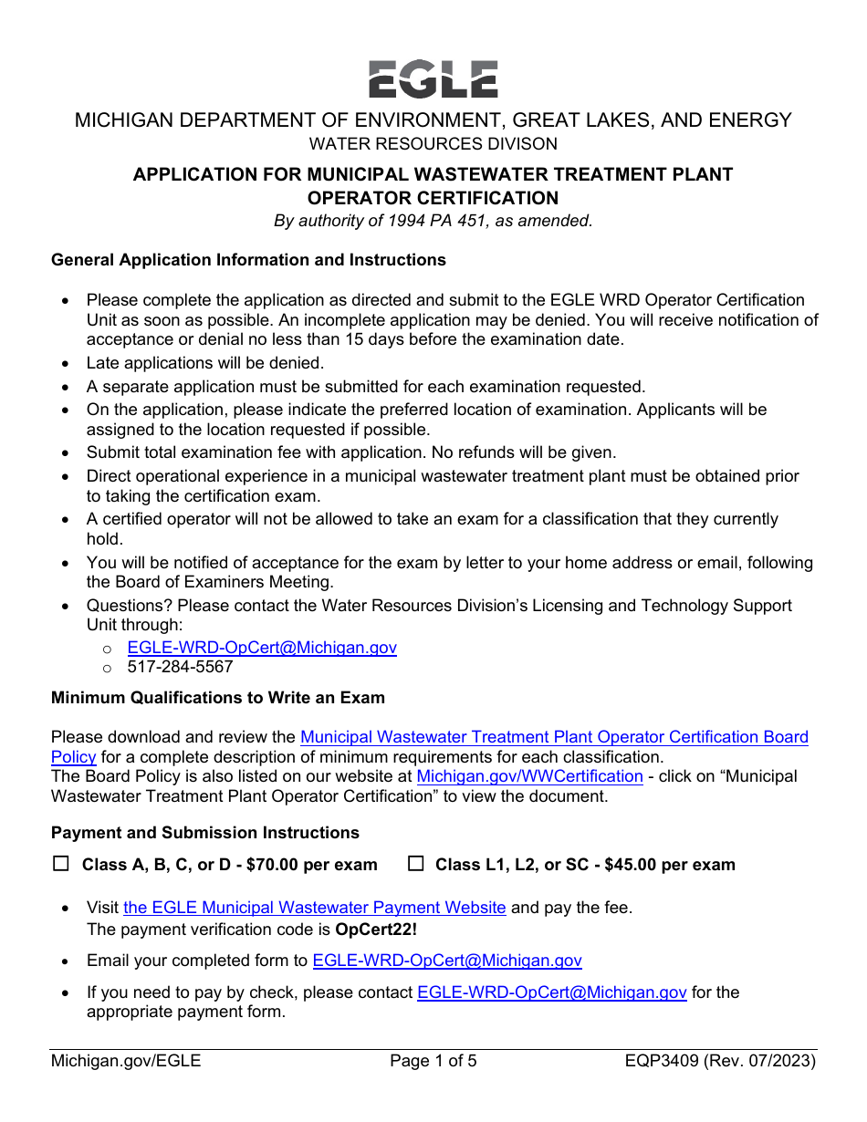 Form EQP3409 Application for Municipal Wastewater Treatment Plant Operator Certification - Michigan, Page 1