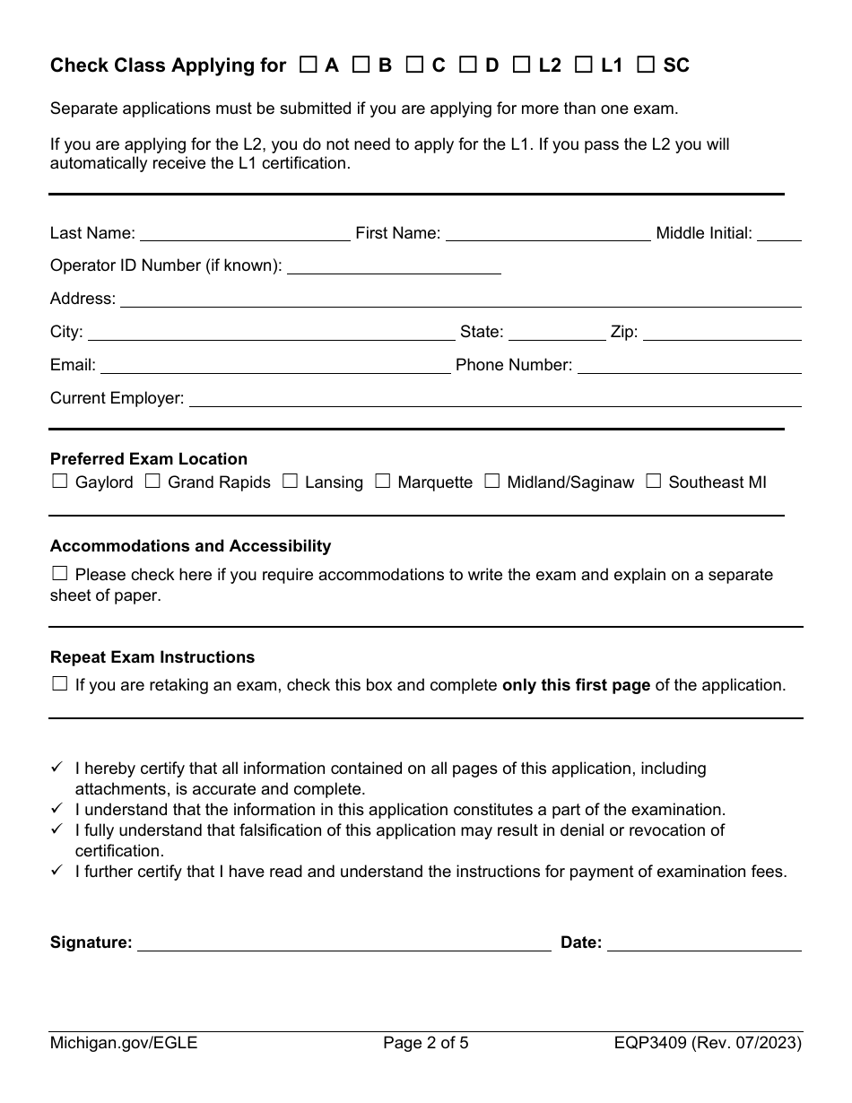 Form EQP3409 Application for Municipal Wastewater Treatment Plant Operator Certification - Michigan, Page 2