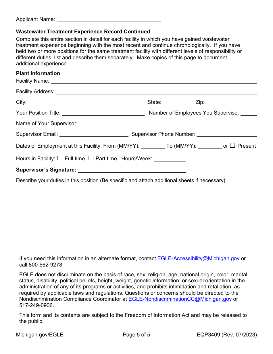 Form EQP3409 Application for Municipal Wastewater Treatment Plant Operator Certification - Michigan, Page 5