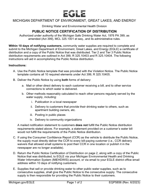 Form EQP5856 Public Notice Certification of Distribution - Michigan