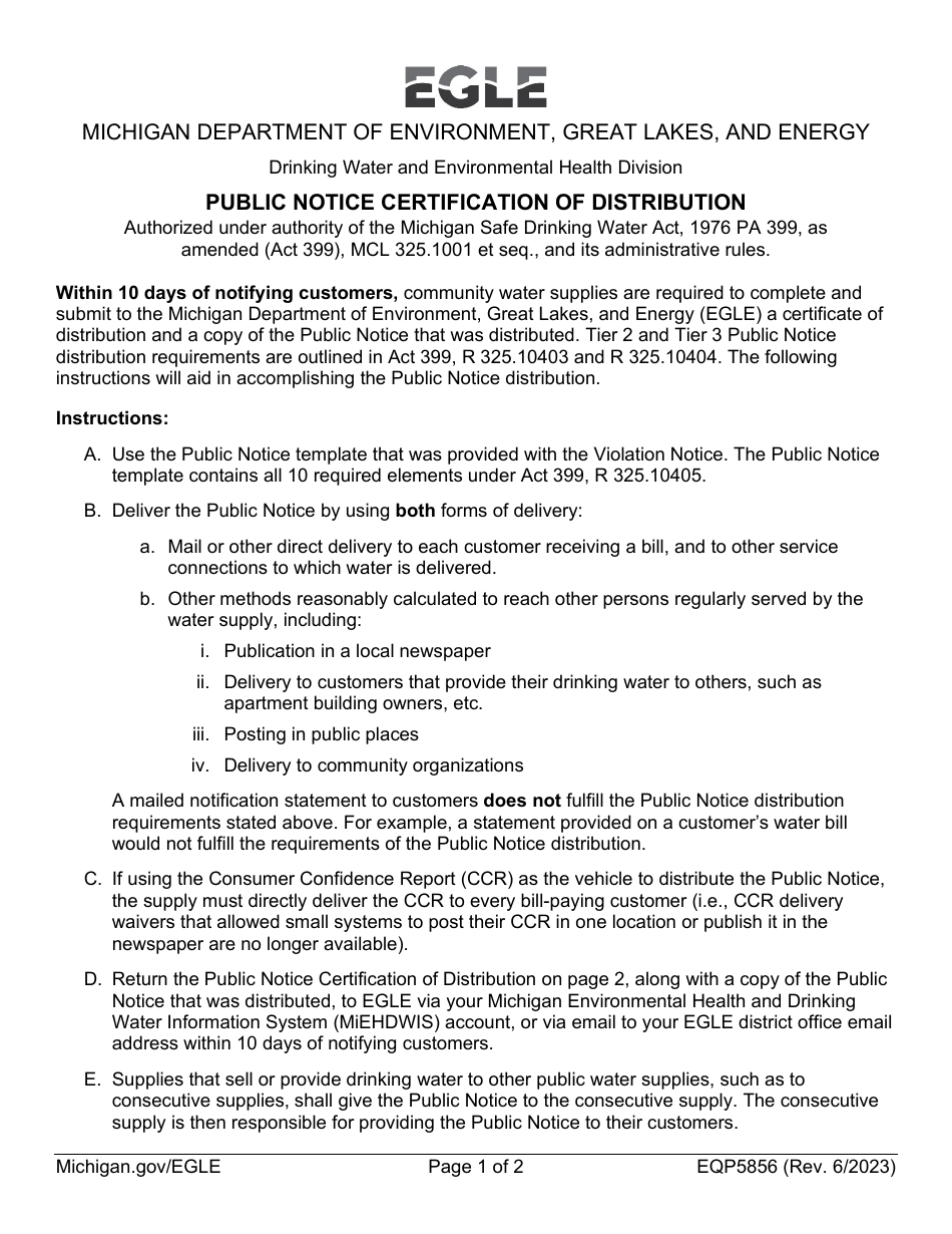 Form EQP5856 Public Notice Certification of Distribution - Michigan, Page 1