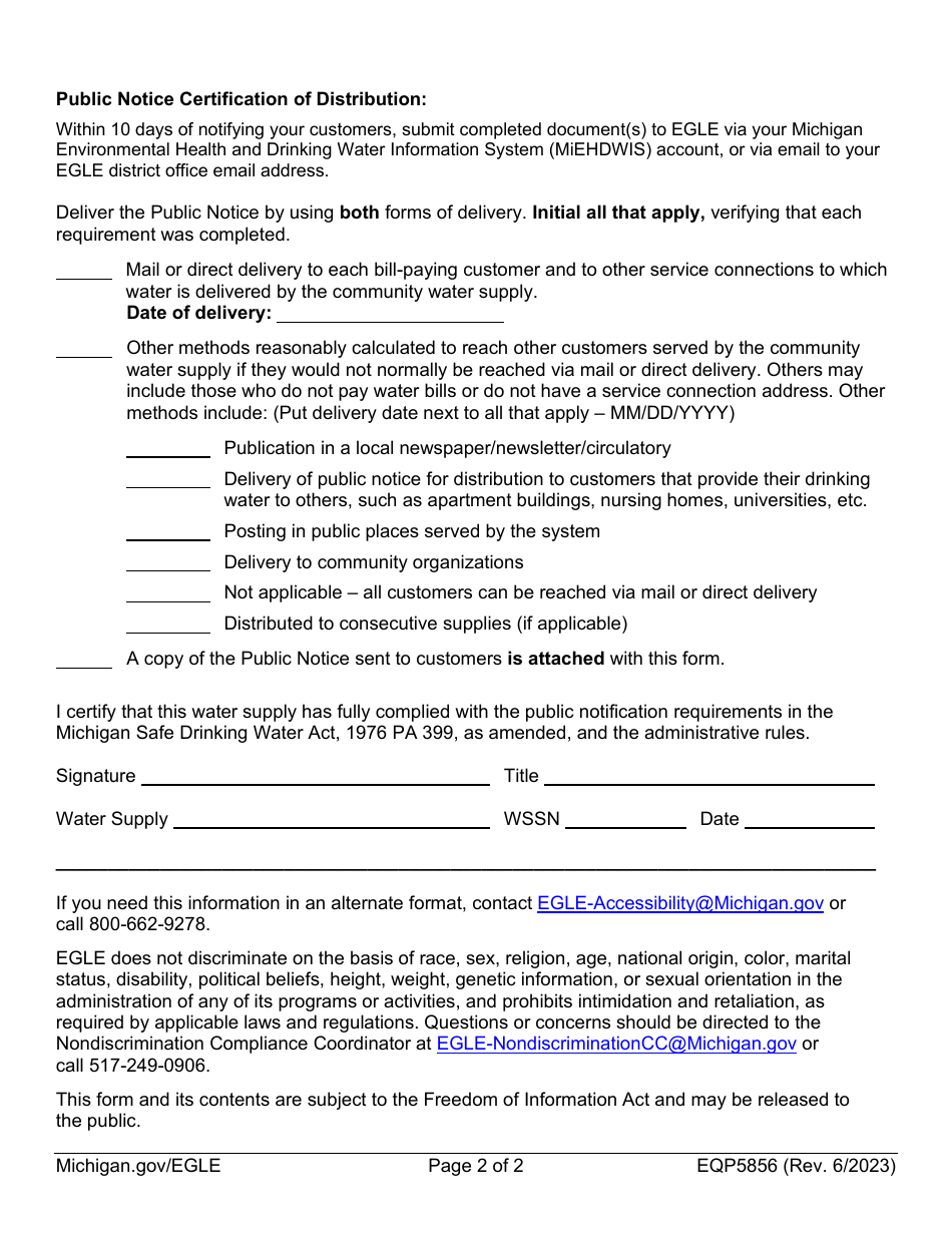 Form EQP5856 Public Notice Certification of Distribution - Michigan, Page 2